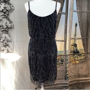 Adrienne Papell Navy Sequins Mesh Blouson Short strappy dress size 6 NWT